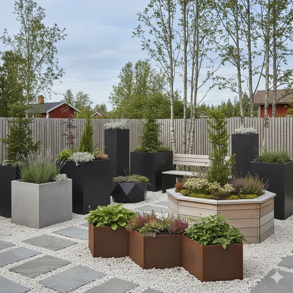 Scandinavian garden with geometric planters